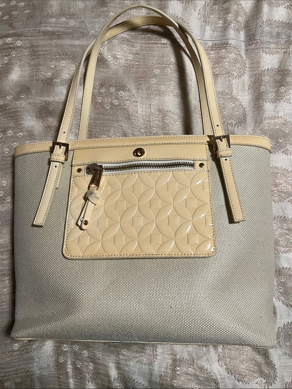Neutral Cream & Beige Tote Bag with Glossy Front Pocket